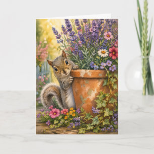 Tarjeta Maceta de flores con ardilla Peekaboo Acuarela en