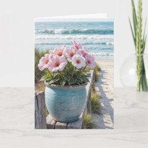 Tarjeta Maceta de Playa Con Petunias Rosas