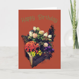 Tarjeta Macetero de madera rústica con flores de cumpleaño
