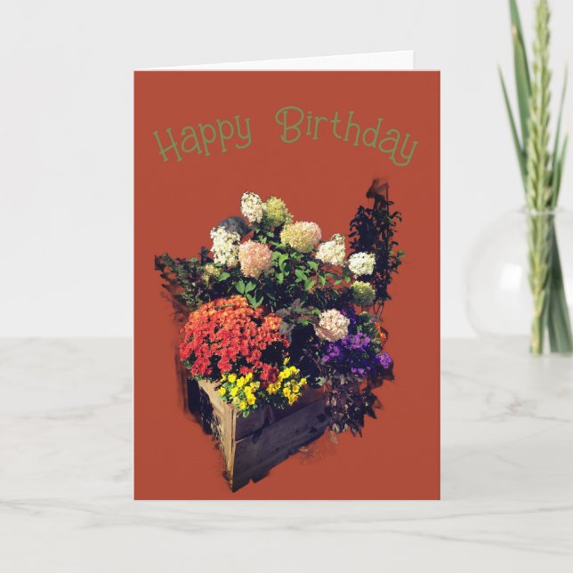 Tarjeta Macetero de madera rústica con flores de cumpleaño (Anverso)