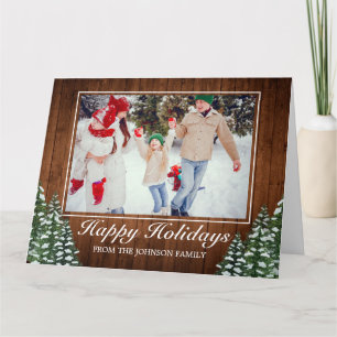 Tarjeta Madera de nieve y foto forestal Feliz saludo de va