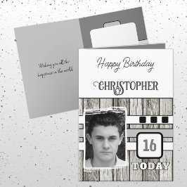 Tarjeta Madera falsa rústico 16 años de foto gris cumpleañ