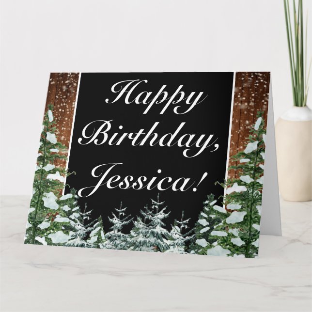 Tarjeta Madera nevada negra y selva Feliz cumpleaños (Anverso)