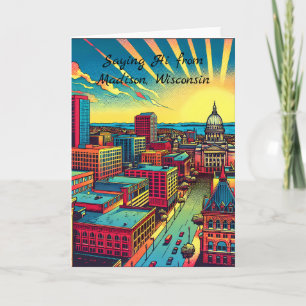 Tarjeta Madison, línea aérea de Wisconsin City al atardece