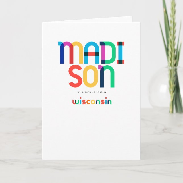 Tarjeta Madison Wisconsin Mid Century, Pop Art, (Anverso)