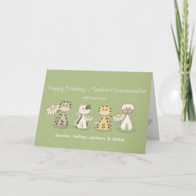 Tarjeta Madre/abuela Cumpleaños 4 gatos - nombres personal (Anverso)
