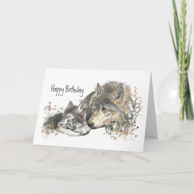 Tarjeta Madre acuarela Wolf y Cubs Mamá Feliz cumpleaños (Anverso)