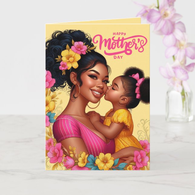 Tarjeta Madre afroamericana e hija Feliz día de la madre (Orquídea)