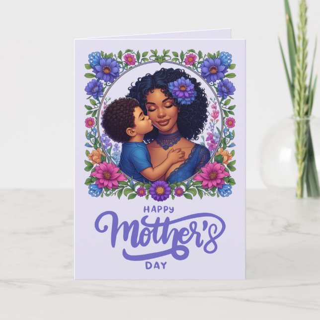 Tarjeta Madre Afroamericana e Hijo Feliz Día de las Madres (Anverso)