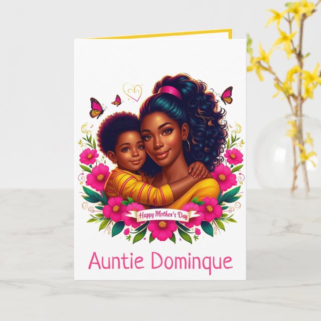 Tarjeta Madre Afroamericana y su Hijo Feliz Día de las Mad (flor amarilla)