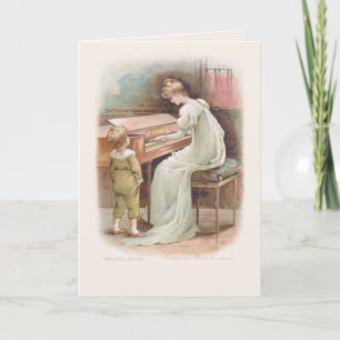 Tarjeta Madre antigua tocando el piano para su hijo