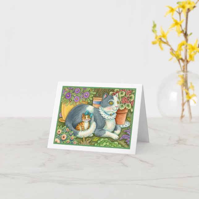 TARJETA MADRE CAT Y KITTEN, FLORES DE PUNTO, BOWS Y LACE (flor amarilla)