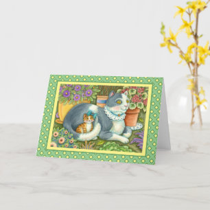 TARJETA MADRE CAT Y KITTEN, FLORES DE PUNTO, BOWS Y LACE