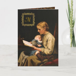 Tarjeta Madre con su bebé Monograma de Oro Vintage