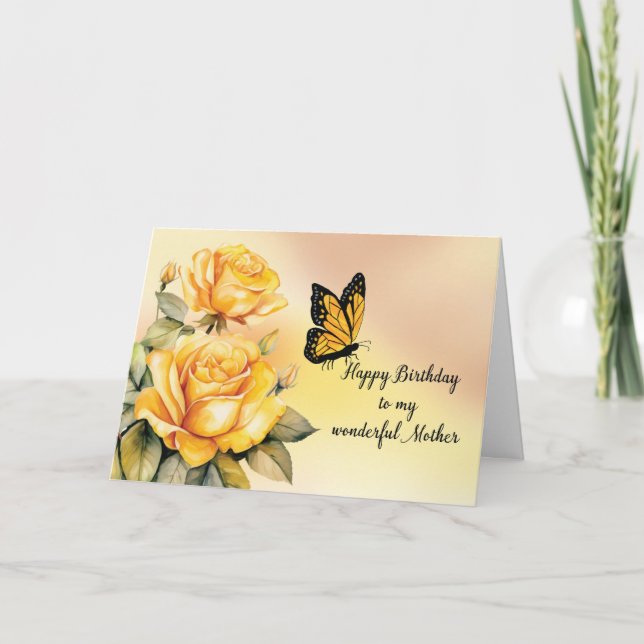 Tarjeta Madre Cumpleaños Rosas Amarillas Monarca Mariposa (Anverso)