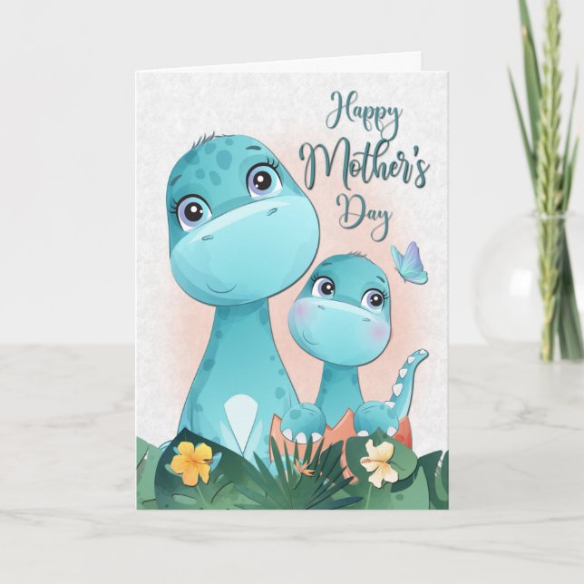 Tarjeta Madre de dinosaurios y bebé para el día de la madr (Anverso)