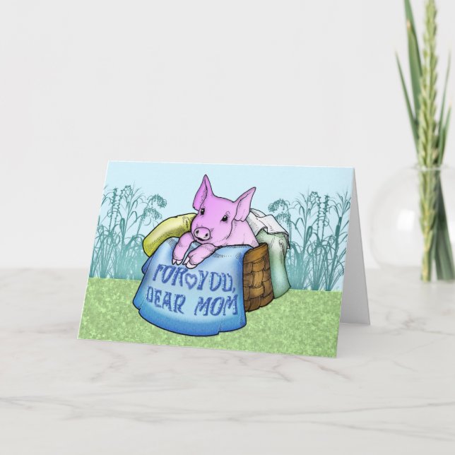 Tarjeta Madre, Día de la Madre, cerdo lindo en una canasta (Anverso)