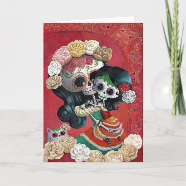 Tarjeta Madre e hija de Dia de Los Muertos Skeletons (Anverso)