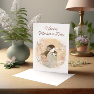 Tarjeta Madre e hijo con flores acuáticas