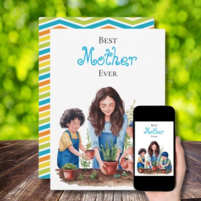 Tarjeta Madre e hijos plantando lección Imagen en acuarela (Subido por el creador)