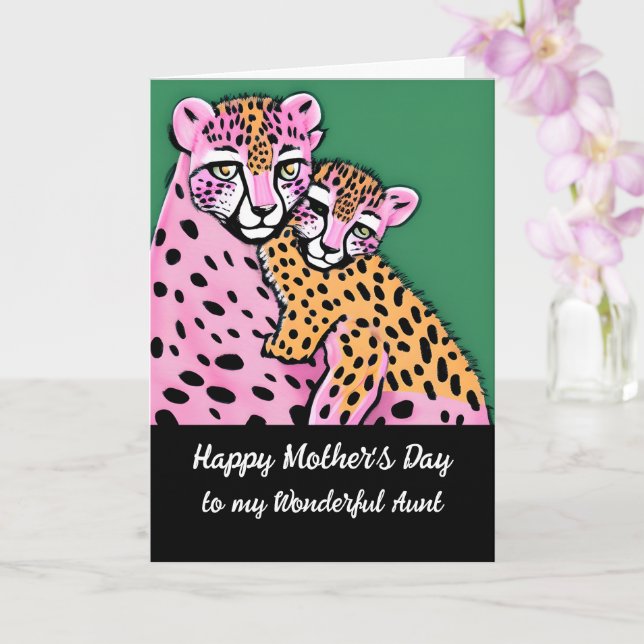 Tarjeta Madre gueparda rosa + Día de la Madre de tía peina (Orquídea)
