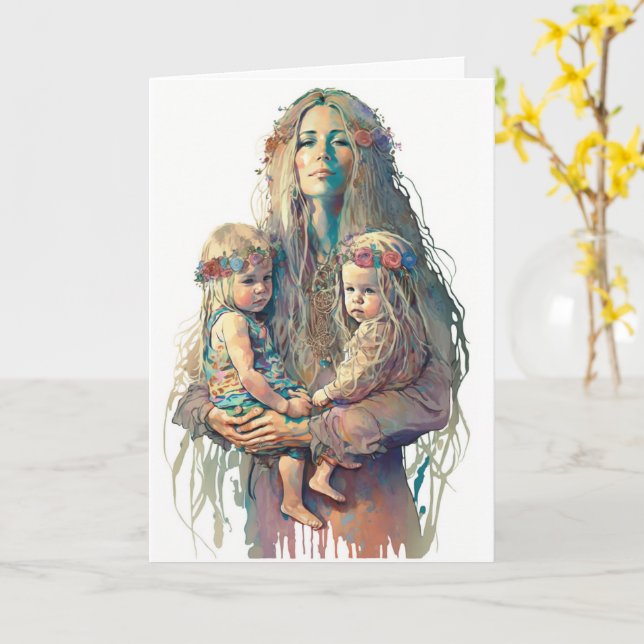 Tarjeta Madre hippy e hijas gemelas, Día de la Madre (flor amarilla)