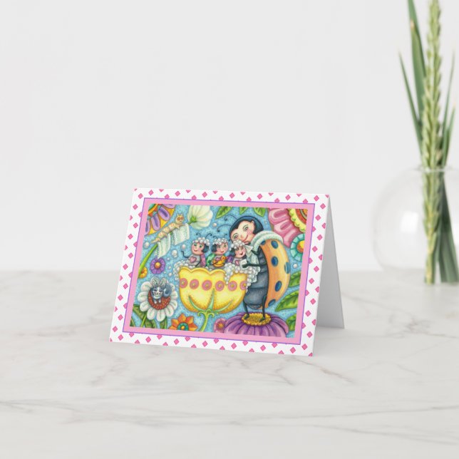Tarjeta MADRE LADYBUG Y NIÑOS, BAÑO DE BURBUJA DE TULIP en (Anverso)