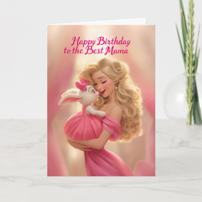 Tarjeta Madre Rubia con Conejito Bebé en Cumpleaños Rosa F (Anverso)