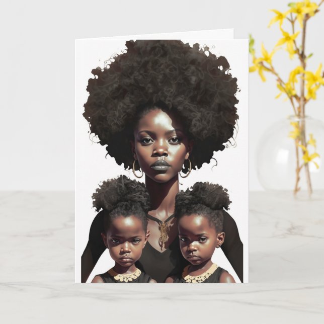 Tarjeta Madre y gemelos afroamericanos, Día de la Madre (flor amarilla)