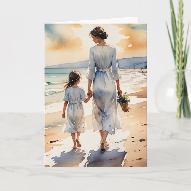 Tarjeta Madre y hija que caminan por la playa (Anverso)
