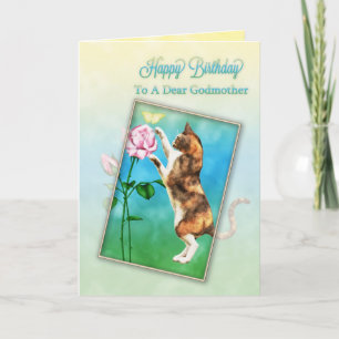 Tarjeta Madrina, feliz cumpleaños con un gato juguetón