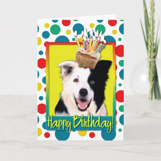 Tarjeta Magdalena del cumpleaños - border collie (Anverso)