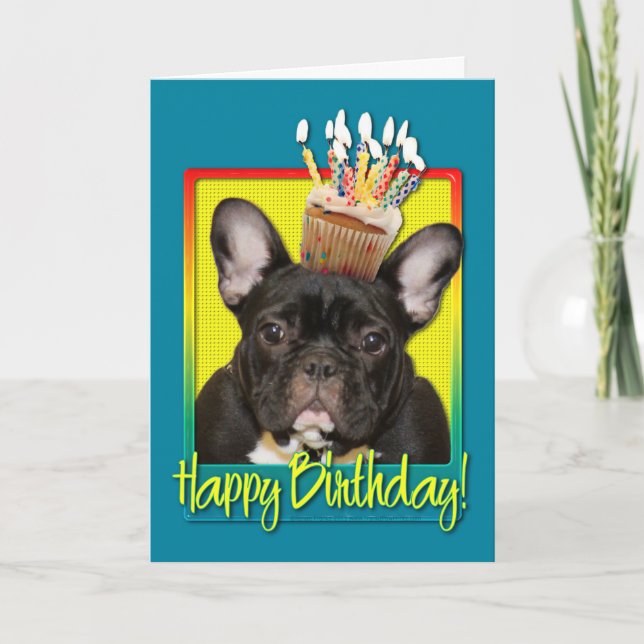 Tarjeta Magdalena del cumpleaños - bulldog francés - (Anverso)