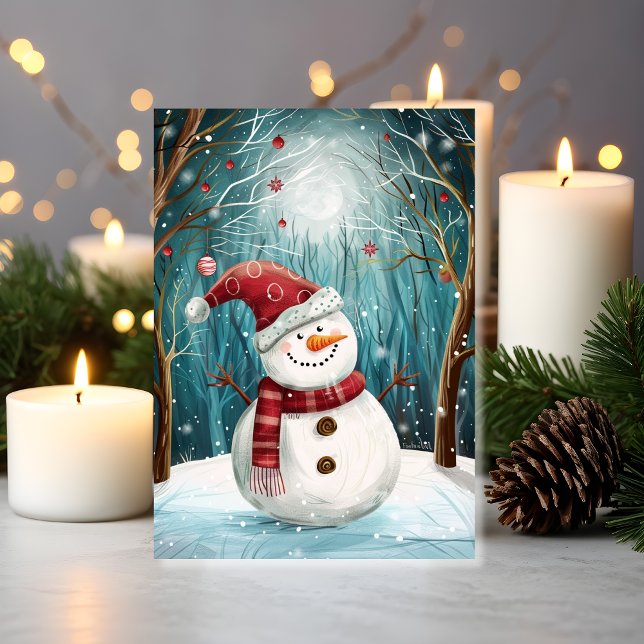 Tarjeta Magia de muñeco de nieve iluminada por la luna en  (Snowman in red hat in a winter wonderland. )