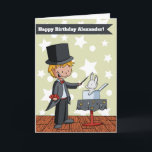 Tarjeta Magic Show Kids Personalized Happy Birday Card<br><div class="desc">Cuta tarjeta de cumpleaños con el ilustracion de un mago y su conejo conejo en el mejor espectáculo de magia. Ideal para niños de cualquier edad. Personalice el texto con su propio mensaje y haga clic en el personalizar si es necesario. Ilustrado y diseñado por Patricia Álvarez.</div>