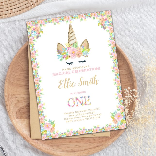 Tarjeta mágica de fiesta de cumpleaños (First Unicorn Birthday Invitations)