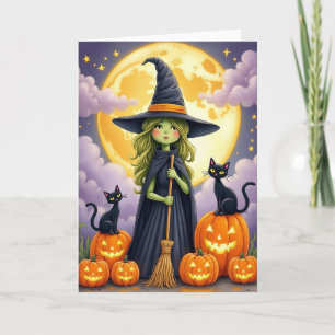 Tarjeta mágica de Halloween iluminada por la luna