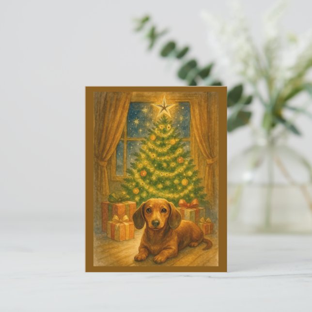Tarjeta mágica de Navidad con Dachshund (Anverso de pie)