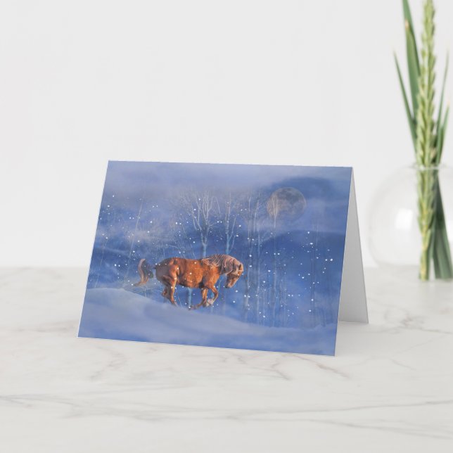 Tarjeta mágica de vacaciones de caballos y nieve (Anverso)