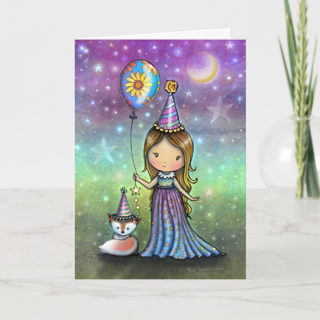 Tarjeta Magical Birthday Little Girl Balloon and Fox (Anverso)