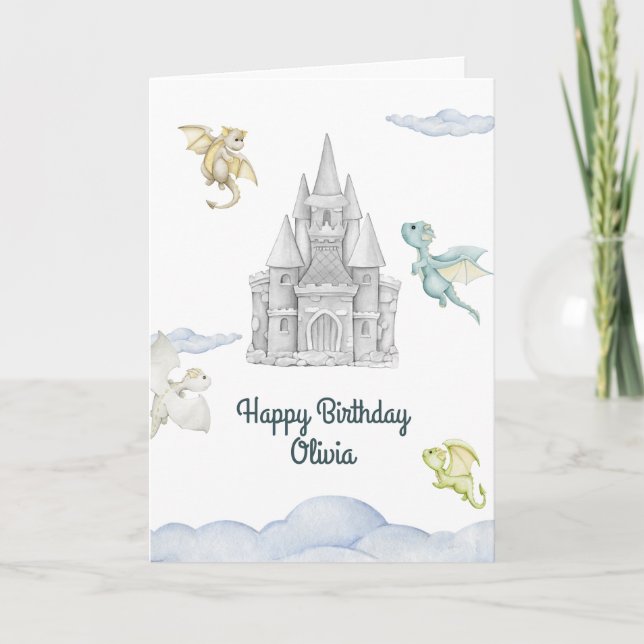 Tarjeta Magical Castle Cute Dragons Niños Cumpleaños (Anverso)