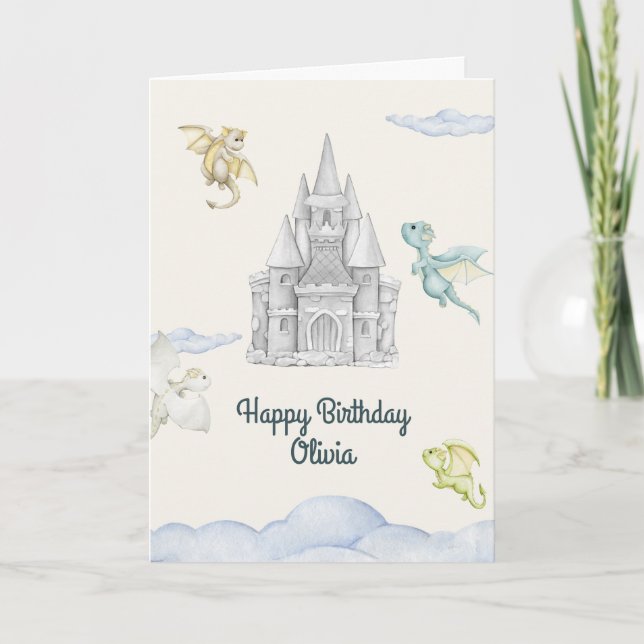 Tarjeta Magical Castle Cute Dragons Niños Cumpleaños (Anverso)