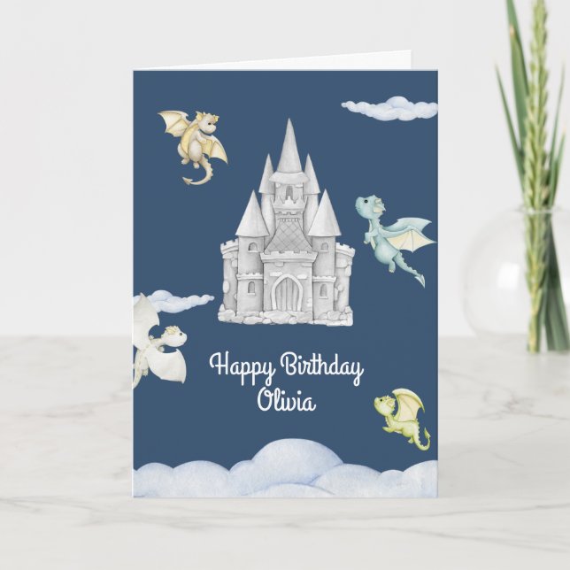 Tarjeta Magical Castle Cute Dragons Niños Cumpleaños (Anverso)
