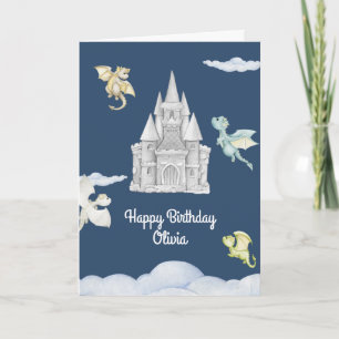 Tarjeta Magical Castle Cute Dragons Niños Cumpleaños