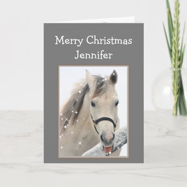 Tarjeta Magical Christmas Custom Name Wishes White Horse (Anverso)