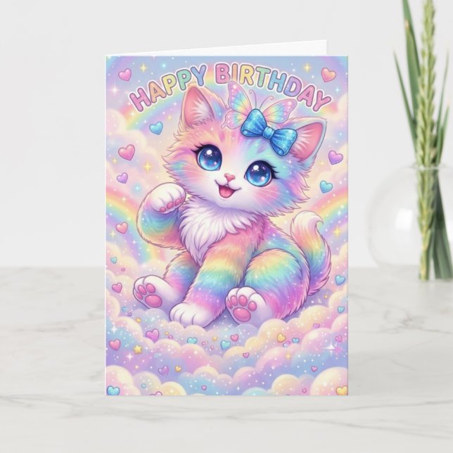 Tarjeta Magical Rainbow Kitten Children's Whimsical  (Anverso)