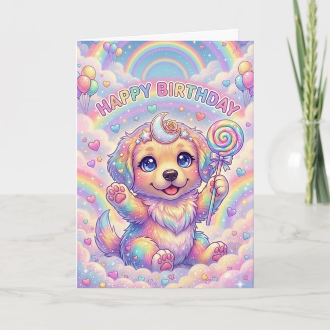 Tarjeta Magical Rainbow Puppy Children's Birthday Fantasy  (Anverso)