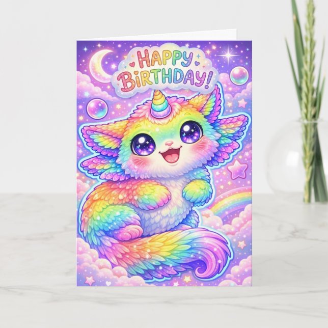 Tarjeta Magical Rainbow Unicorn Cat Happy Birthday Kitty (Anverso)