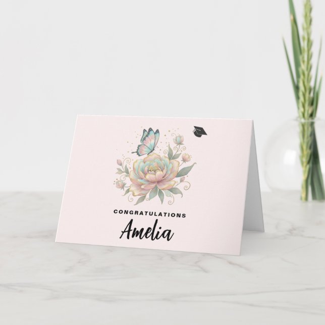 Tarjeta Magical Rose and Butterfly Pastel Graduation Card (Anverso)