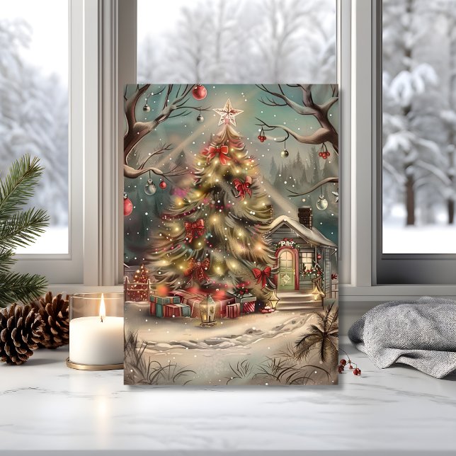 Tarjeta Magical Snowy Christmas Cottage  (Send a peaceful scene with this holiday card featuring a glowing tree and cozy cottage)
